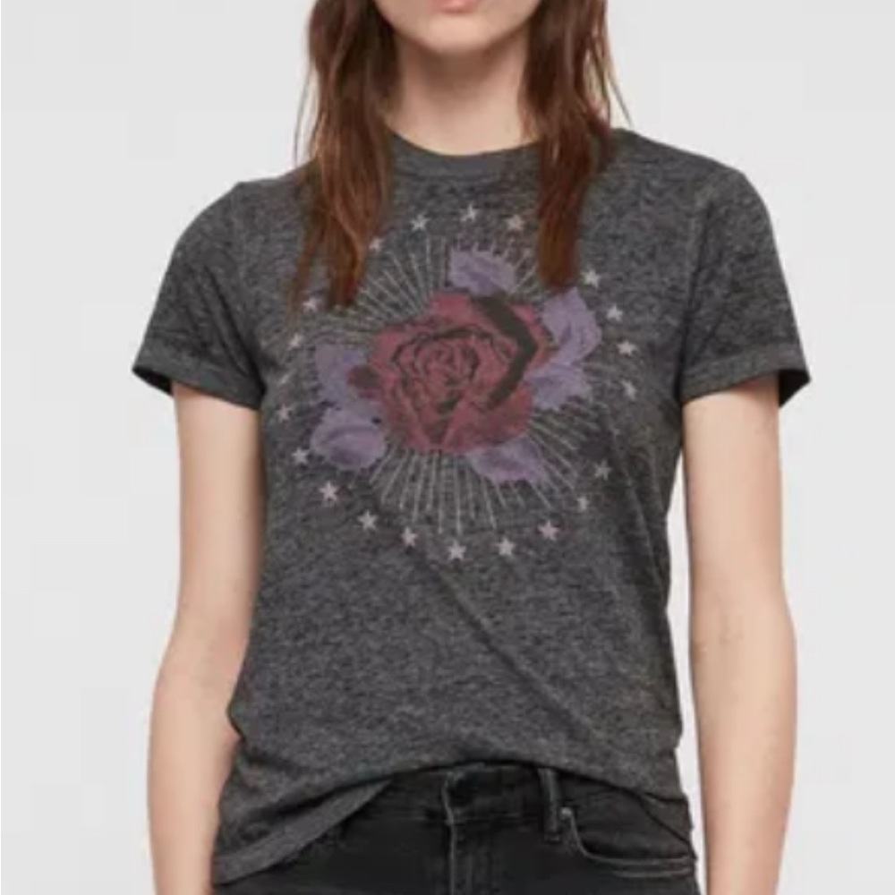 All Saints Rose Graphic Tee Gray Indie Rock Short Sleeve Size XS Cotton